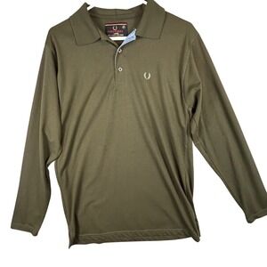 Fred Perry Mens Long Sleeve Polo Shirt Olive Green Combed Yarn Large Logo *READ*